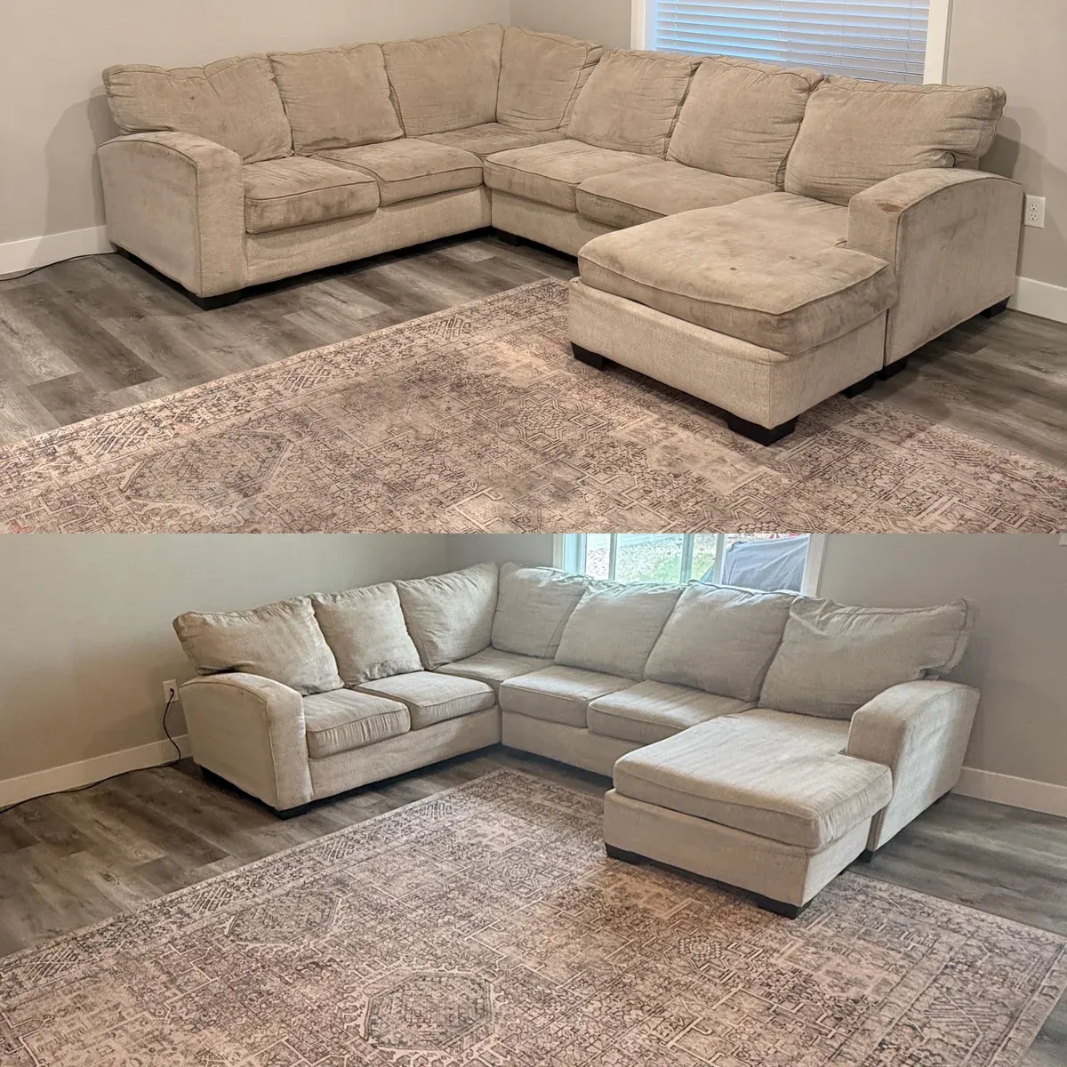 The same sectional couch before and after cleaning, dingy above and bright below